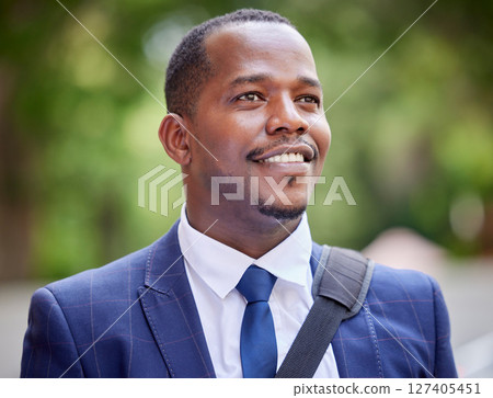Happy black business man in the city, professional entrepreneur commute to work and outdoor in park. Young african lawyer in corporate suit, vision for career success success and proud law student 127405451
