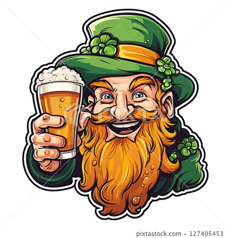 Saint Patrick's Leprechaun holding a pint of beer. Sticker design isolated on white background. Ai Generative Saint Patrick's Leprechaun holding a pint of beer. Sticker design isolated on white background. Ai Generative 127405453