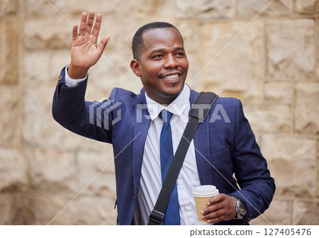 Black man, corporate and stop taxi, transport or greeting with suit, coffee or smile in city. African businessman, wave hand and metro for transportation, cab and happy while waiting for urban travel Black man, corporate and stop taxi, transport or greeting with suit, coffee or smile in city. African businessman, wave hand and metro for transportation, cab and happy while waiting for urban travel 127405476