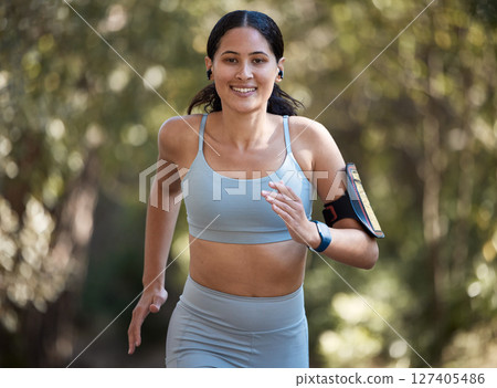 Fitness, woman and running portrait, exercise and training for marathon, cardio and smile in park or forest. Runner, workout and motivation run, happy and healthy lifestyle and body wellness nature Fitness, woman and running portrait, exercise and training for marathon, cardio and smile in park or forest. Runner, workout and motivation run, happy and healthy lifestyle and body wellness nature 127405486