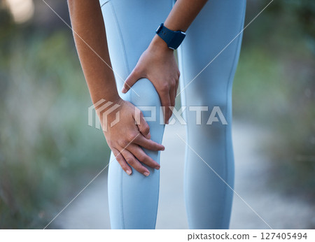 Knee pain, injury and sports accident of a woman hiking, running or doing exercise in nature. Medical emergency, muscle sprain and injured leg of an athlete outdoor trekking for a workout or training Knee pain, injury and sports accident of a woman hiking, running or doing exercise in nature. Medical emergency, muscle sprain and injured leg of an athlete outdoor trekking for a workout or training 127405494