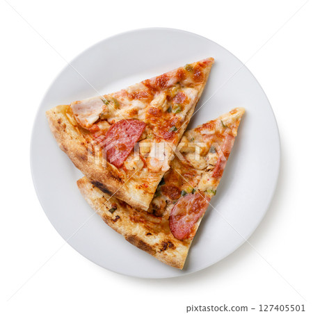 Pizza slices in a plate on a white background. Top view 127405501