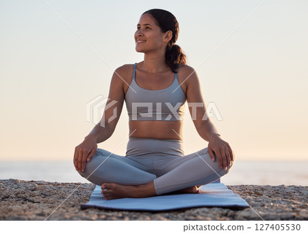Zen, yoga and woman relax in nature for wellness, health or workout. Meditation, pilates and happy female in pose on yoga mat for fitness, mindfulness or thinking about spiritual exercise outdoors. Zen, yoga and woman relax in nature for wellness, health or workout. Meditation, pilates and happy female in pose on yoga mat for fitness, mindfulness or thinking about spiritual exercise outdoors. 127405530