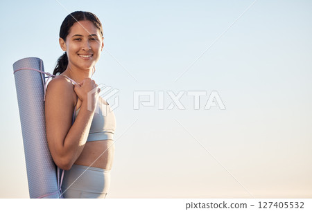 Woman, yoga mat and happy portrait, exercise and workout outdoor, smile and happy during sunset in nature. Fitness, training and healthy female, happiness, mockup and motivation for healthy lifestyle Woman, yoga mat and happy portrait, exercise and workout outdoor, smile and happy during sunset in nature. Fitness, training and healthy female, happiness, mockup and motivation for healthy lifestyle 127405532