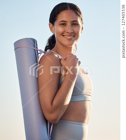 Woman, mat and yoga fitness portrait ready for workout training or zen meditation outdoors. Healthcare wellness motivation, sports exercise and girl, performance mindset and relax pilates in park Woman, mat and yoga fitness portrait ready for workout training or zen meditation outdoors. Healthcare wellness motivation, sports exercise and girl, performance mindset and relax pilates in park 127405536