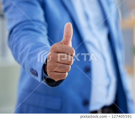 Thumbs up, closeup and businessman winner support or thank you motivation. Success, celebration and corporate man hands zoom for yes, agreement and praise achievement or approval or thanks hand sign Thumbs up, closeup and businessman winner support or thank you motivation. Success, celebration and corporate man hands zoom for yes, agreement and praise achievement or approval or thanks hand sign 127405591