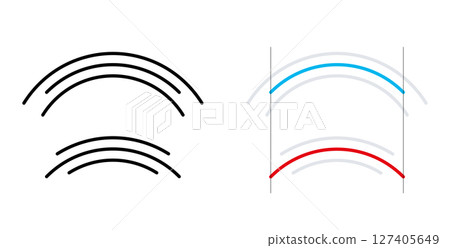 Circular arc, optical illusion. The center circle arc appears shorter or longer, although both are the same length. Similar to Muller-Lyer-illusion, created by the different lengths of the outer arcs. 127405649