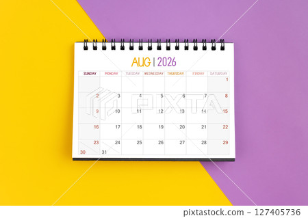 August 2026 Monthly desk calendar for 2026 year on yellow and purple color background. 127405736