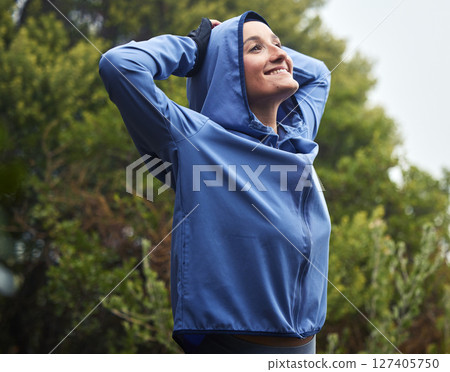 Exercise woman, winter fitness and stretching in nature, park and garden, fresh air and freedom, morning running and cardio training. Happy athlete, hoodie and workout warm up, hiking and motivation Exercise woman, winter fitness and stretching in nature, park and garden, fresh air and freedom, morning running and cardio training. Happy athlete, hoodie and workout warm up, hiking and motivation 127405750