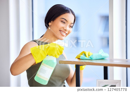 Spray bottle, fabric cloth and cleaner cleaning wooden furniture with chemical bacteria disinfectant for home housekeeping. Dust cleaning service, hygiene product and black woman sanitize surface 127405778