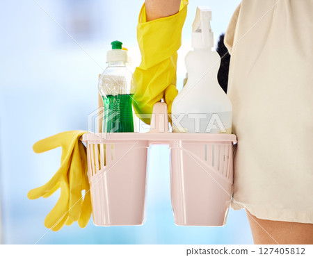 Cleaning, product and soap with hands of woman with bucket for bacteria, safety and chemical. Dust, spray and liquid with cleaner and container for disinfection, healthcare and germs protection 127405812