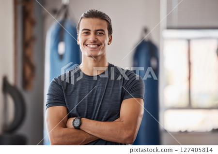 Gym, fitness and portrait of proud man standing with smile, motivation, health and energy for training. Coach, personal trainer or happy boxing club owner in studio for workout, coaching and wellness Gym, fitness and portrait of proud man standing with smile, motivation, health and energy for training. Coach, personal trainer or happy boxing club owner in studio for workout, coaching and wellness 127405814