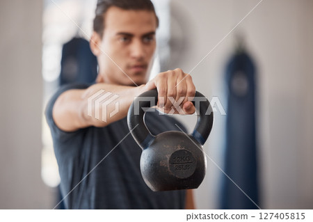 Fitness, kettlebell and bodybuilder with man in gym for training, workout and endurance. Health, exercise and weightlifting with strong athlete for power, wellness and performance in sports club 127405815