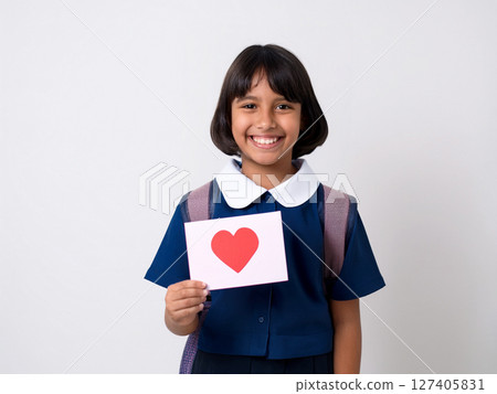 學生拿著一張紅心卡片 學生拿著一張紅心卡片 127405831