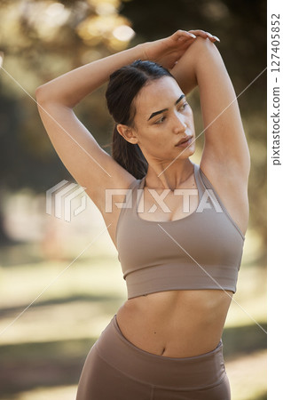 Fitness, woman and body stretching for workout, exercise and training for healthy lifestyle in outdoor. Active women in nature sports stretch for performance, health or cardio warm up routine in park Fitness, woman and body stretching for workout, exercise and training for healthy lifestyle in outdoor. Active women in nature sports stretch for performance, health or cardio warm up routine in park 127405852