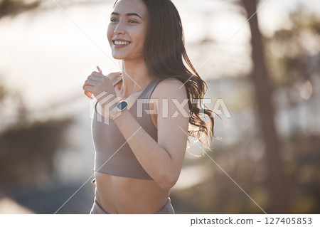 Runner, fitness and woman running, exercise and happy outdoor in nature park, smile and healthy body. Workout, run and female happiness, motivation and goal for marathon, race and health lifestyle Runner, fitness and woman running, exercise and happy outdoor in nature park, smile and healthy body. Workout, run and female happiness, motivation and goal for marathon, race and health lifestyle 127405853