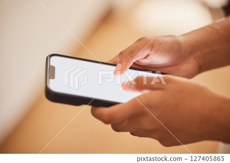 Smartphone, hands and mockup screen for mobile chat app, product placement and branding design zoom. Typing, using phone or cellphone for social media, networking or online website information search 127405865