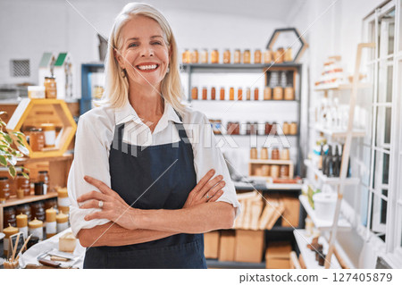 Senior woman, shop and portrait for small business entrepreneur in organic honey store with smile. Elderly, business owner and natural food, product and shopkeeper with happiness, success and vision 127405879