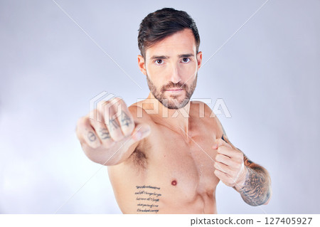 Fitness, sport or man boxer with tattoo in white studio background for health wellness, exercise or training. Motivation, sports focus or male athlete model for power boxing or punching workout 127405927