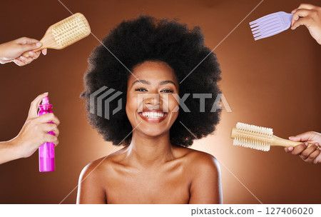 Portrait, hair care and black woman with smile, hair products and happy for styling, joy and confident on brown studio background. African American female, afro and scalp massage for growth and care Portrait, hair care and black woman with smile, hair products and happy for styling, joy and confident on brown studio background. African American female, afro and scalp massage for growth and care 127406020