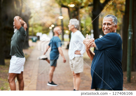 Fitness, exercise and stretching with a senior man getting ready for a workout or training outdoor at the park. Health, wellness and performance with elderly male at the start of his routine in group Fitness, exercise and stretching with a senior man getting ready for a workout or training outdoor at the park. Health, wellness and performance with elderly male at the start of his routine in group 127406106