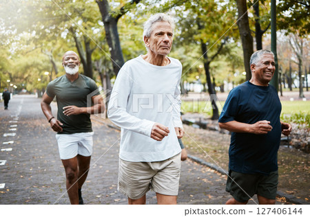 Run, group and senior men training, running and in street for health, wellness and fitness outdoor. Retirement, healthy males and friends running together, strong workout and exercise for cardio Run, group and senior men training, running and in street for health, wellness and fitness outdoor. Retirement, healthy males and friends running together, strong workout and exercise for cardio 127406144
