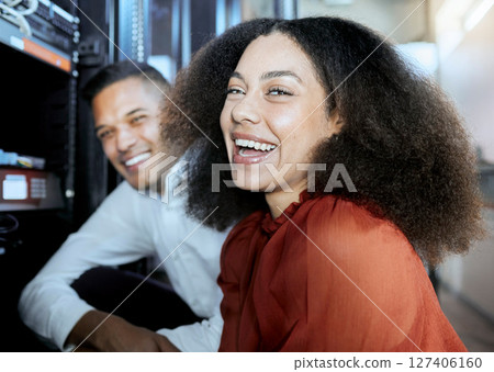 Portrait, black woman and information technology, server and happy worker, funny conversation and teamwork in IT. Computer engineer, woman and man working of hardware upgrade, maintenance and ai tech 127406160