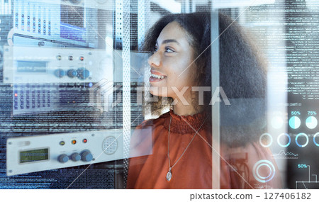 Overlay, data center and black woman doing maintenance in a server room for information technology, cybersecurity and network. Happy It technician at motherboard working on future technology software Overlay, data center and black woman doing maintenance in a server room for information technology, cybersecurity and network. Happy It technician at motherboard working on future technology software 127406182