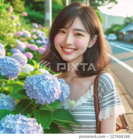 路邊盛開的繡球花和少女 3 127406186