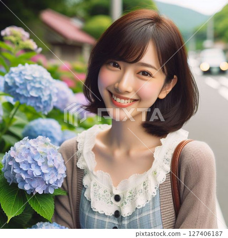 路邊盛開的繡球花和少女 2 127406187