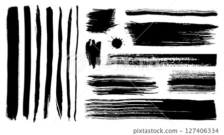 Black paint brush strokes set. Collection of paintbrush smears of dirty wide marker rectangle shapes, straight long messy lines, stains with ink splatters texture and rough edges. Vector illustration. 127406334