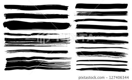Black paint brush strokes set. Collection of paintbrush smears of dirty straight long rectangle shape stains, scribble lines and marker wide stripes with ink splatters texture. Vector illustration. 127406344