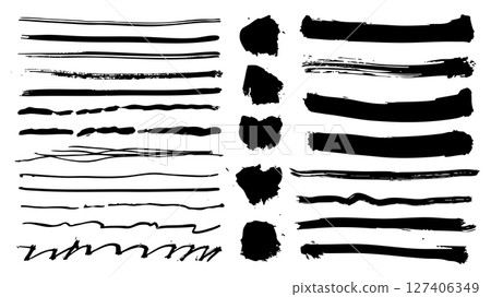Black paint brush strokes set. Collection of paintbrush smears of scribble lines and long stripes, dirty rectangle shape stains with ink splatters texture. Acrylic rough borders. Vector illustration. Black paint brush strokes set. Collection of paintbrush smears of scribble lines and long stripes, dirty rectangle shape stains with ink splatters texture. Acrylic rough borders. Vector illustration. 127406349