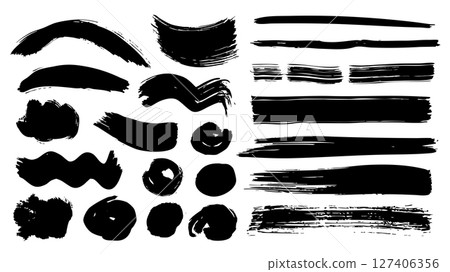 Black paint brush strokes set. Collection of paintbrush smears of long straight rectangles, curves, waves and round shapes. Rough stamps and spots with ink splatters texture. Vector illustration. Black paint brush strokes set. Collection of paintbrush smears of long straight rectangles, curves, waves and round shapes. Rough stamps and spots with ink splatters texture. Vector illustration. 127406356
