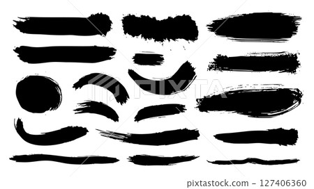 Black paint brush strokes set. Collection of paintbrush smears of rectangle, circle, curve, wave shapes and lines. Rough grainy spots with ink splatters. Stain grunge patterns. Vector illustration. Black paint brush strokes set. Collection of paintbrush smears of rectangle, circle, curve, wave shapes and lines. Rough grainy spots with ink splatters. Stain grunge patterns. Vector illustration. 127406360