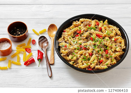 creamy ground beef cheeseburger pasta, top view 127406410