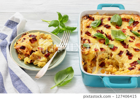 twice baked potato casserole in a baking dish twice baked potato casserole in a baking dish 127406415