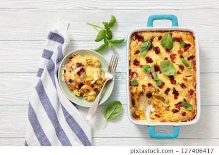 twice baked potato casserole in a baking dish twice baked potato casserole in a baking dish 127406417