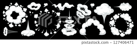 Vector cartoon smoke cloud with comic boom, puff, and trail effects on black background. Smoke and clouds in dynamic cartoon style. Perfect for comics, games, and animation scenes 127406471