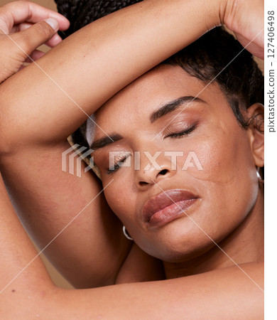 Black woman, face skincare and wellness of a model sleep and relax from skin glow beauty. Facial health, mindfulness and zen from healthy cosmetics, body care and natural dermatology treatment 127406498