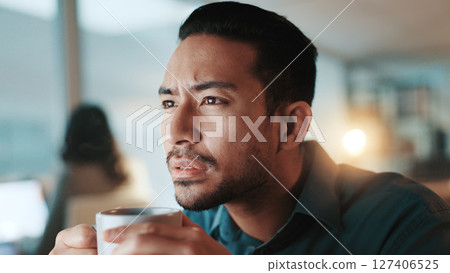 Coffee, face and reading with business man in office at night for development. planning or research. Confused, information and thinking with employee drinking caffeine beverage at work on computer 127406525
