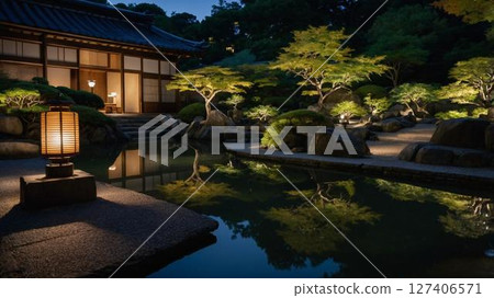 傳統建築與燈籠和諧相處的日本花園夜景插圖 127406571