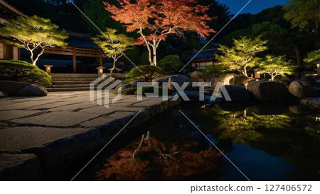 Illustration of a Japanese-style garden with autumn leaves and lanterns at night 127406572