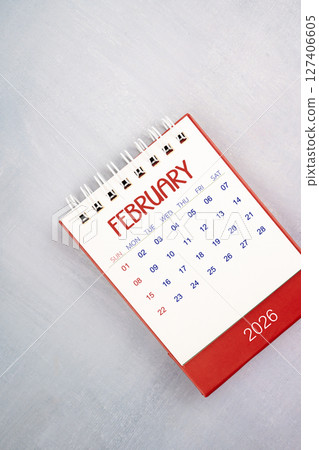 February 2026 on gray color wooden table, Flat lay. 127406605