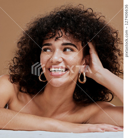 Beauty, face and skincare with woman and natural cosmetics, facial care and makeup against studio background. Healthy skin, cosmetic treatment and wellness with model smile and cosmetology. 127406636