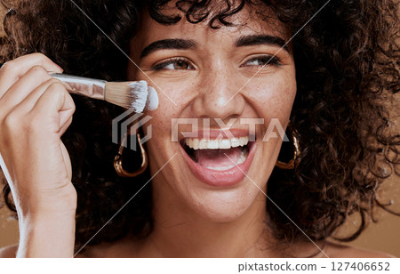 Beauty, face and facial, woman with brush for makeup or cosmetic treatment closeup, happy to apply cream and skincare. Moisturizer, cosmetics product and beautiful with healthy skin motivation. 127406652