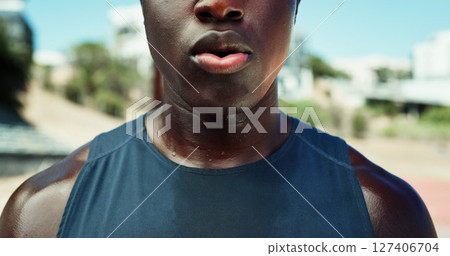 Athlete, mouth and tired with breathing outdoor for running challenge, endurance training and exhausted. Fitness, black person and sports fatigue for marathon recovery, cardio burnout and sweating 127406704