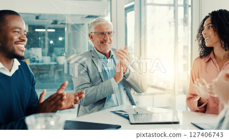 Applause, meeting and business people in office with good news, promotion or team achievement. Happy, clapping hands and financial advisors with manager for positive feedback discussion in workplace. Applause, meeting and business people in office with good news, promotion or team achievement. Happy, clapping hands and financial advisors with manager for positive feedback discussion in workplace. 127406743