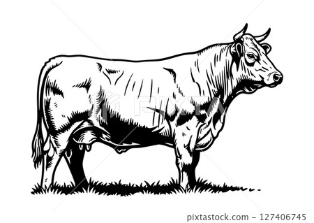 Detailed black and white illustration of a Belgian Blue cow in side profile, standing on grass in vintage engraving style. Farm animals. 127406745