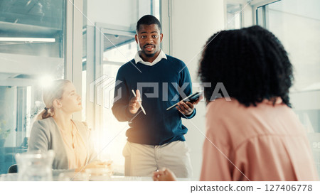 Presentation, talking or business people in meeting, tablet and feedback for budget report. Group, employees or financial agency in office, tech or speaker with training, digital app or collaboration Presentation, talking or business people in meeting, tablet and feedback for budget report. Group, employees or financial agency in office, tech or speaker with training, digital app or collaboration 127406778